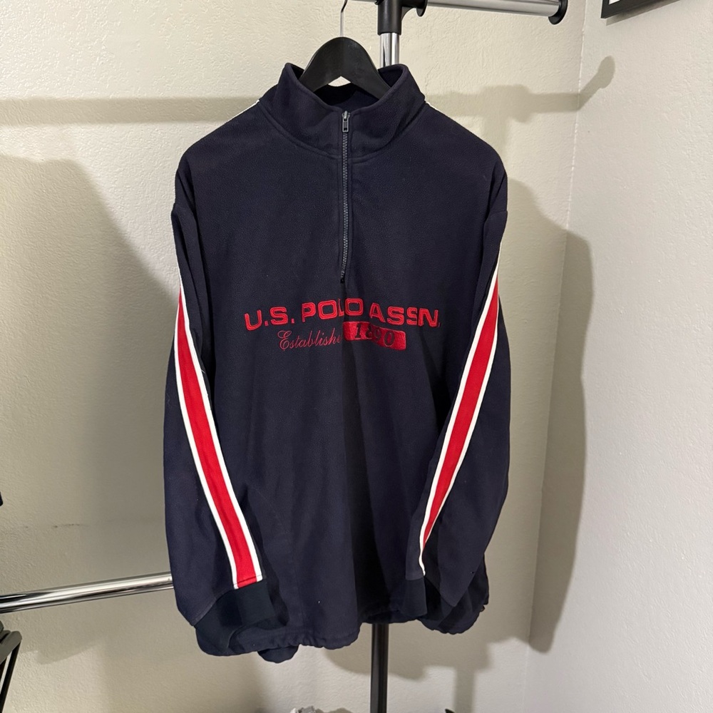 VTG U.S. Polo Assn. Men's XL 1/4 Zip-Sweater - Navy with Red and White